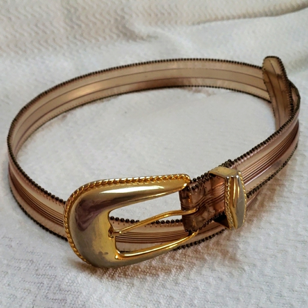 Vintage Pearl 1991 Buckle Clear Belt BIG Gold-tone Robe Edge Buckle, Size M